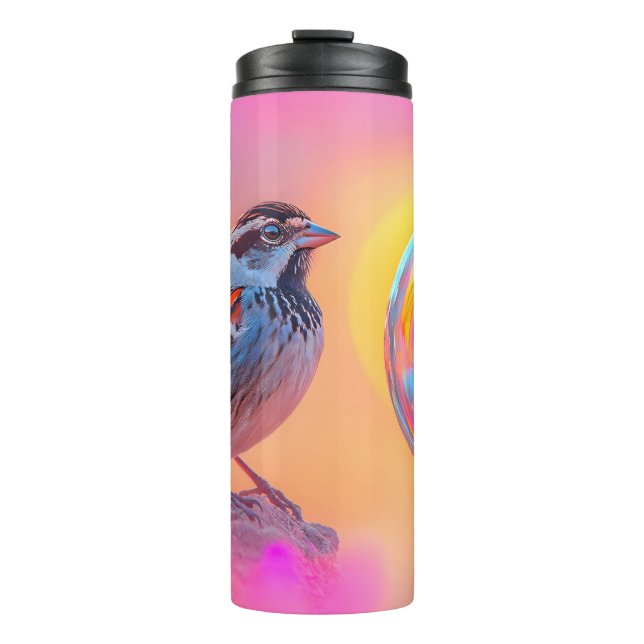 Farbige Sparrow und Regenbogenblase Thermosbecher (Vorderseite)