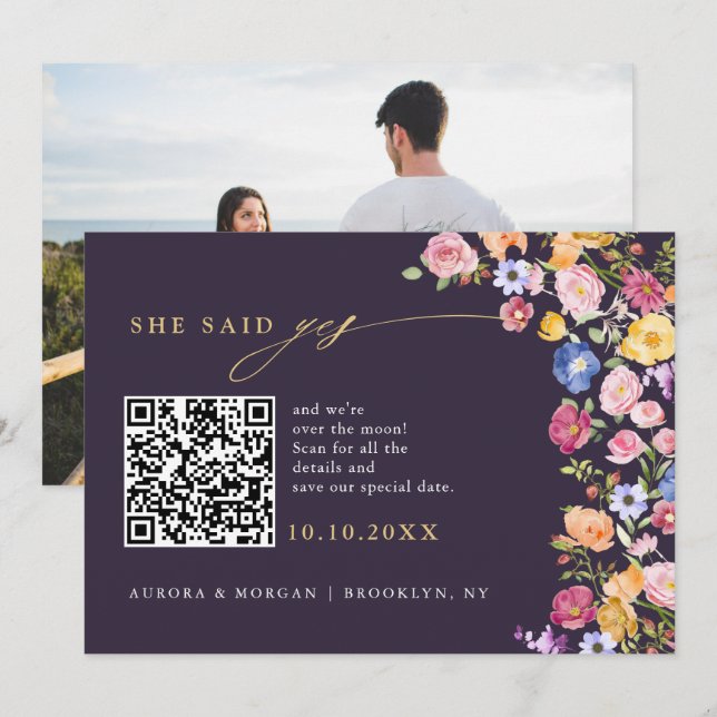 Farbige Spring Wildblume Meadow Foto QR-Code Save The Date (Vorne/Hinten)