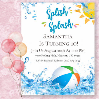 Farbige Spritz-Splash-Geburtstags-Poolparty Einladung
