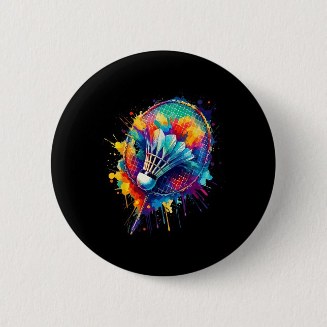 Farbige Spritzkunst Badminton-Spieler Shuttlecock  Button (Vorderseite)