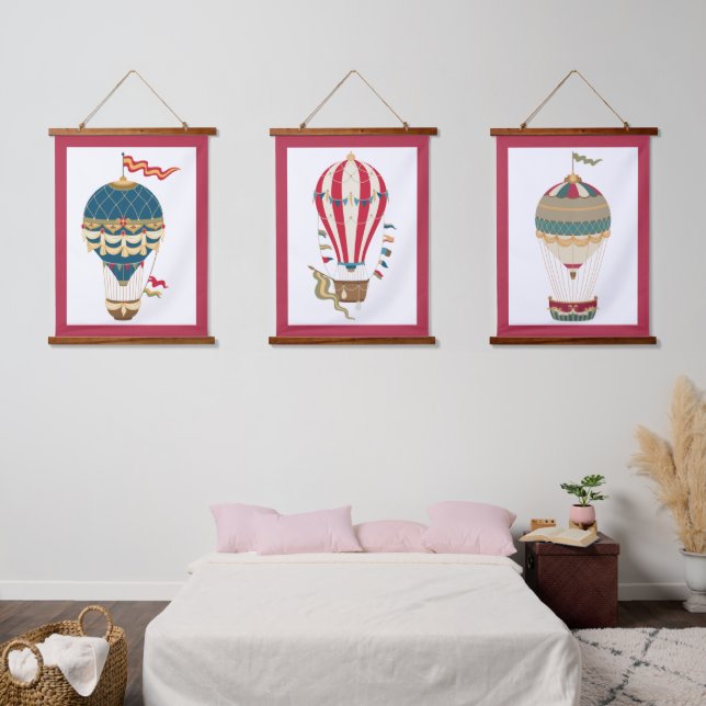 Farbige Steampunk Hot Air Ballon Baby Schlafzimmer Wandteppich Mit Holzrahmen (Schlafzimmer)
