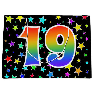 Farbige Sterne + Regenbogenmuster "19" Ereignis # Große Geschenktüte