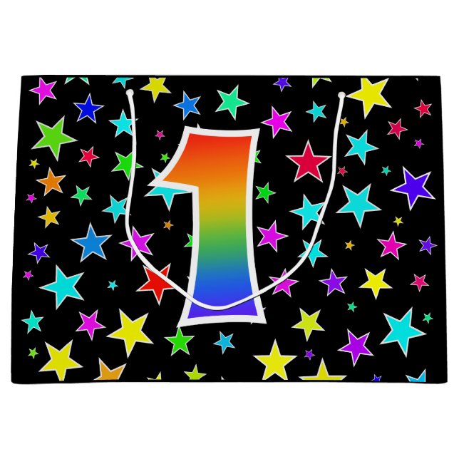Farbige Sterne + Regenbogenmuster "1" Ereignis # Große Geschenktüte (Vorderseite)