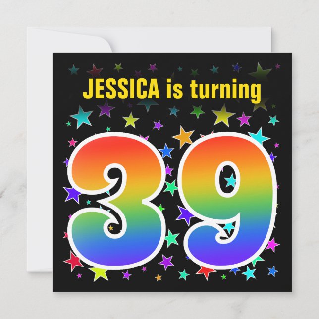 Farbige Sterne + Regenbogenmuster "39" Geburtstag  Einladung (Vorderseite)