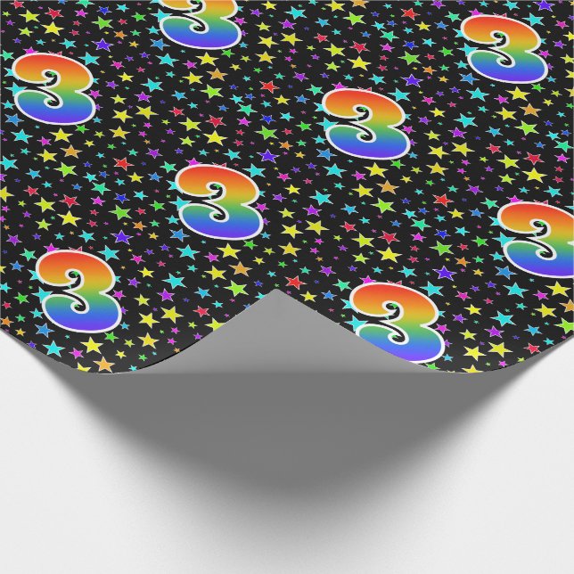 Farbige Sterne + Regenbogenmuster "3" Ereignis # Geschenkpapier (Ecke)