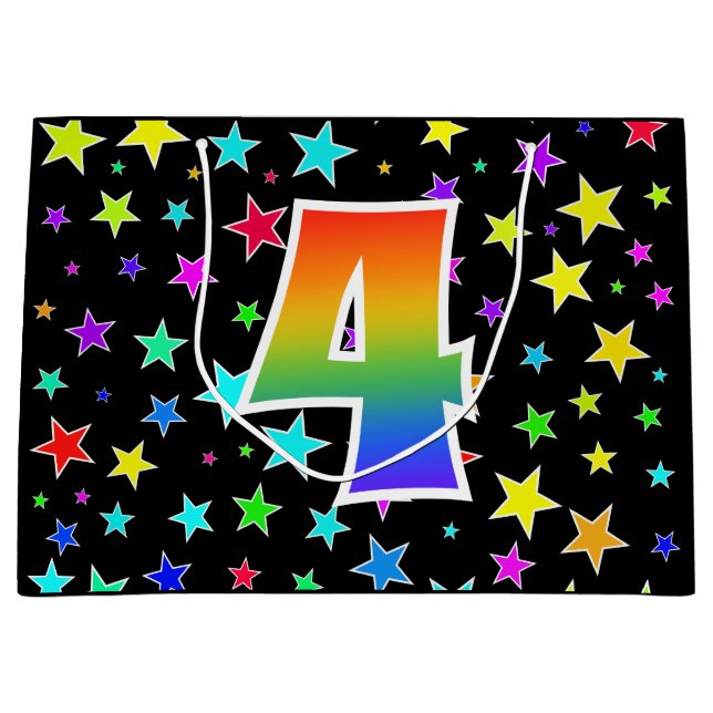 Farbige Sterne + Regenbogenmuster "4" Ereignis # Große Geschenktüte (Vorderseite)