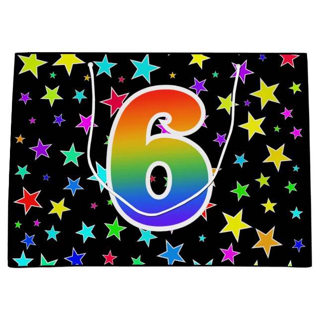 Farbige Sterne + Regenbogenmuster "6" Ereignis # Große Geschenktüte (Vorderseite)