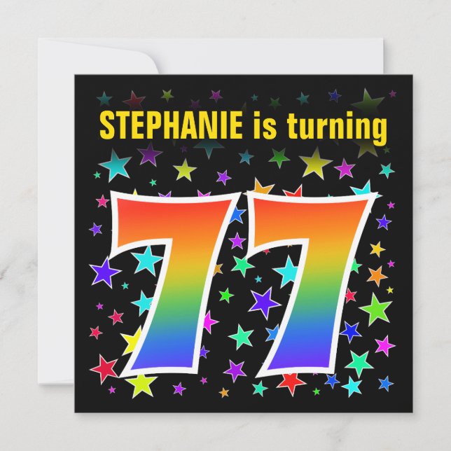 Farbige Sterne + Regenbogenmuster "77" Geburtstag  Einladung (Vorderseite)