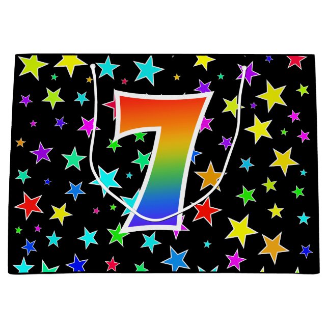 Farbige Sterne + Regenbogenmuster "7" Ereignis # Große Geschenktüte (Vorderseite)