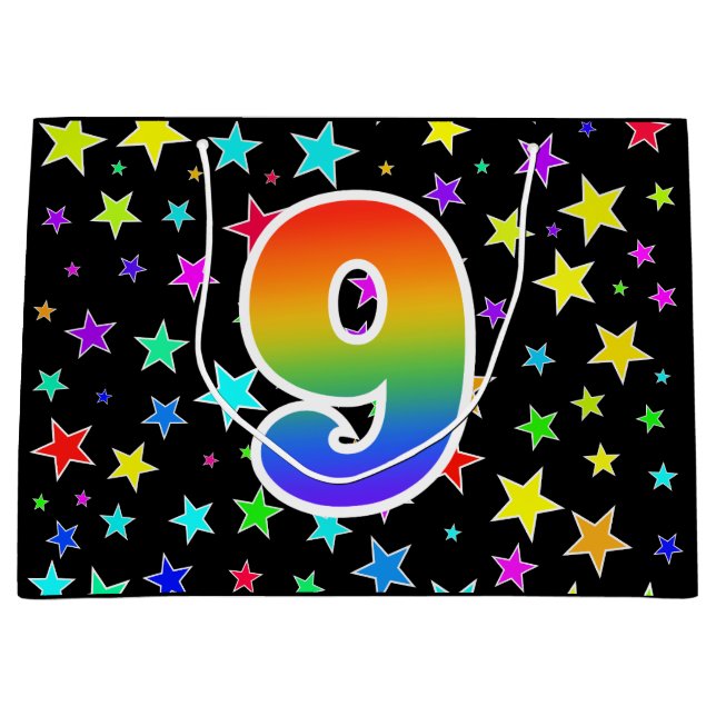 Farbige Sterne + Regenbogenmuster "9" Ereignis # Große Geschenktüte (Vorderseite)