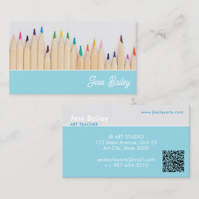 Farbige Stifte Blue Teacher Business Card Visitenkarte (Vorne/Hinten)
