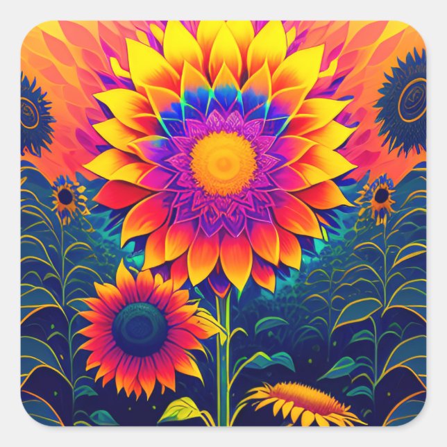 Farbige, strahlende Sonnenblumen Quadratischer Aufkleber (Vorderseite)