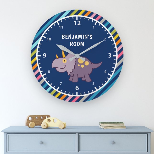 Farbige Streifen Niedliche Lila Dinosaurier Kinder Große Wanduhr (Von Creator hochgeladen)