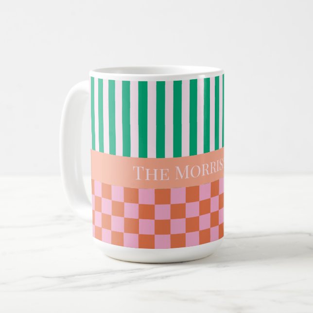 Farbige Streifen und Karos Grün rosa Orange Kaffeetasse (Vorderseite Links)