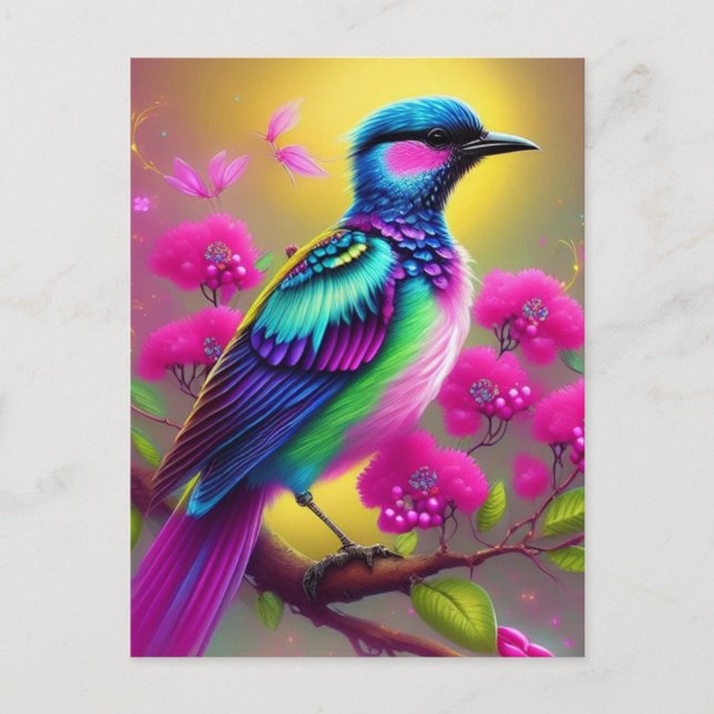 Farbige Surreal Bird Pink Blume Postkarte (Vorderseite)