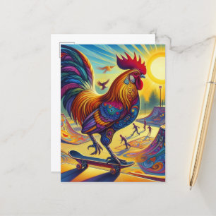 Farbige Surreal Skateboarding Rooster Postkarte