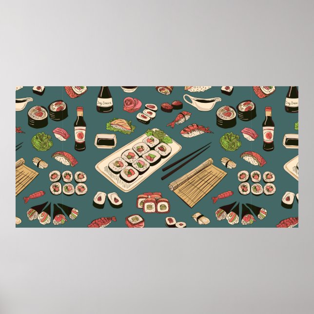 Farbige Sushi und Rollen nahtlose Muster, hervorra Poster (Vorne)