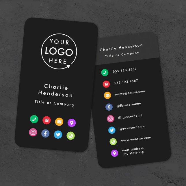 Farbige Symbole | Social Media Modern Logo Black Visitenkarte (Create a professional look with this vertical black business card design with custom colorful icons.)