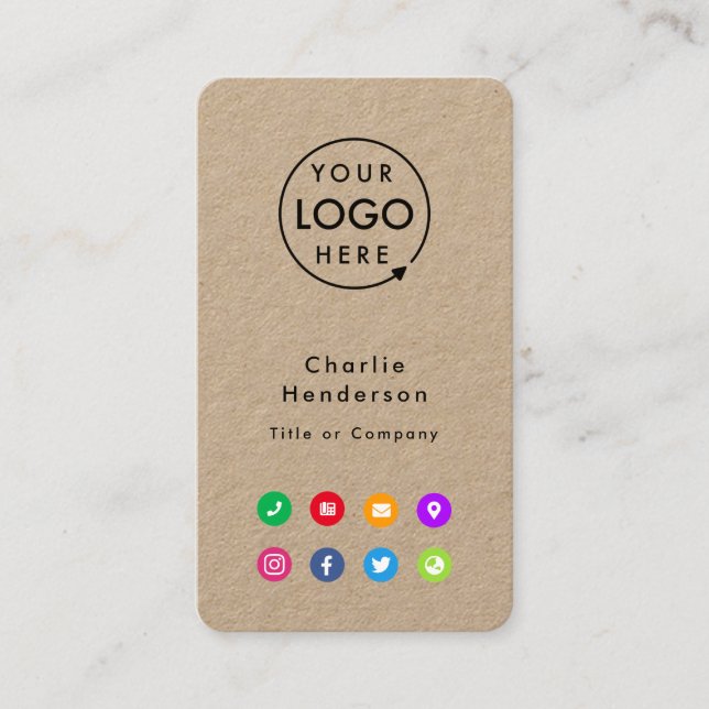 Farbige Symbole | Social Media Rustic Kraft Logo Visitenkarte (Vorderseite)