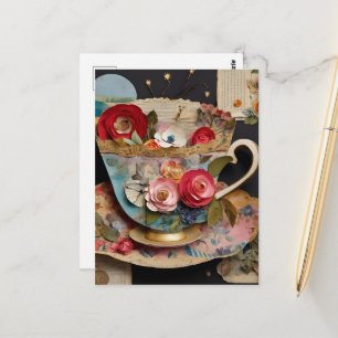 Farbige Teetassen-Collage Mixed Media Floral Postkarte
