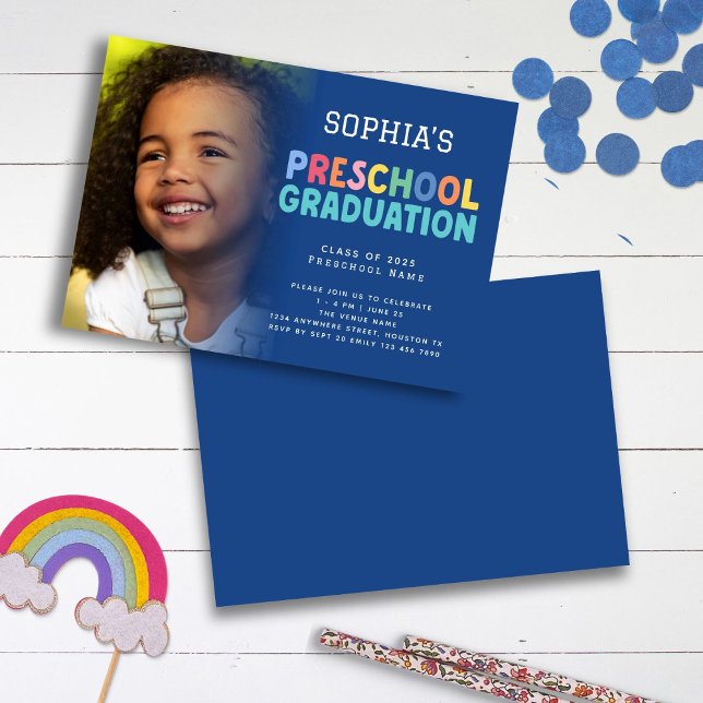 Farbige Text Foto Vorschule Abschluss Blau Einladung (pre school graduation card)