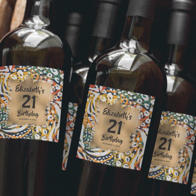 Farbige Tierwerbung 21. Geburtstag Personalisiert Weinetikett (Von Creator hochgeladen)