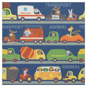 Farbige Transportfahrzeuge mit Tierführern Stoff