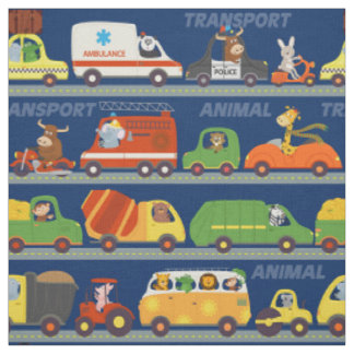 Farbige Transportfahrzeuge mit Tierführern Stoff