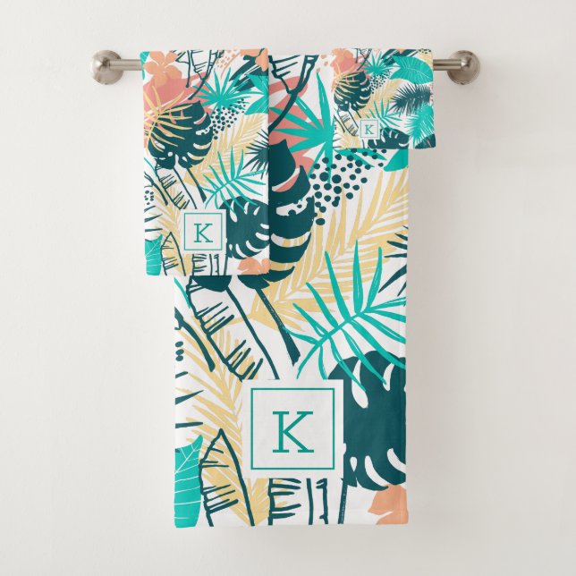 Farbige tropische Blätter kollagen Monogramm Badhandtuch Set (Insitu)