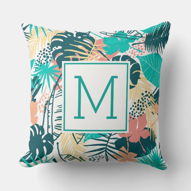 Farbige tropische Blätter kollagen Monogramm Kissen (Vorderseite)