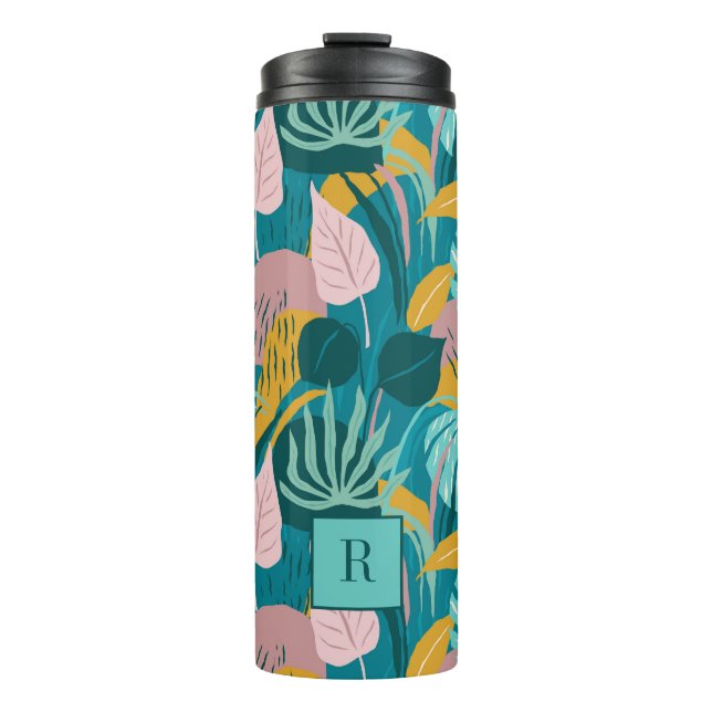 Farbige tropische Blätter und Blume Thermosbecher (Vorderseite)