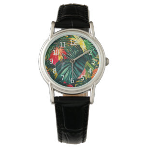Farbige tropische Blätter und Hibiskusblüten Armbanduhr