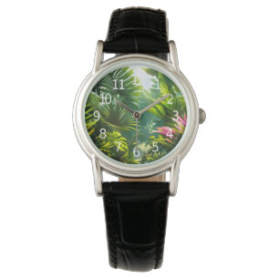 Farbige tropische Blätter und Hibiskusblüten   Armbanduhr
