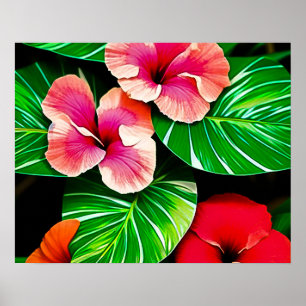Farbige tropische Blätter und Hibiskusblüten Poster