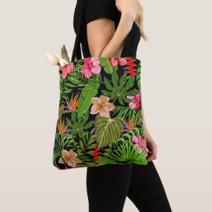 Farbige tropische Blätter und Hibiskusblüten   Tasche