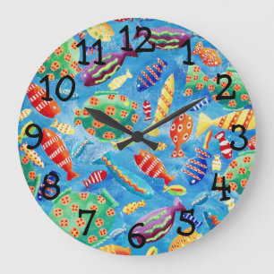 Farbige tropische Fische Aquarell-Malerei Große Wanduhr