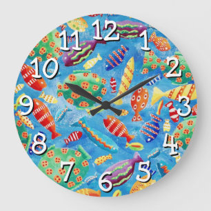 Farbige tropische Fische Aquarell-Malerei Große Wanduhr