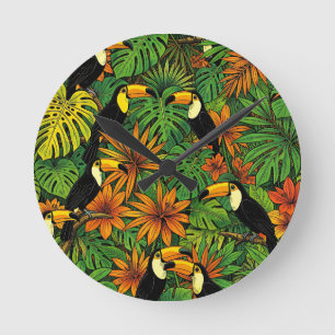 Farbige Tukane Tropischer Dschungel Blätter Hibisk Runde Wanduhr