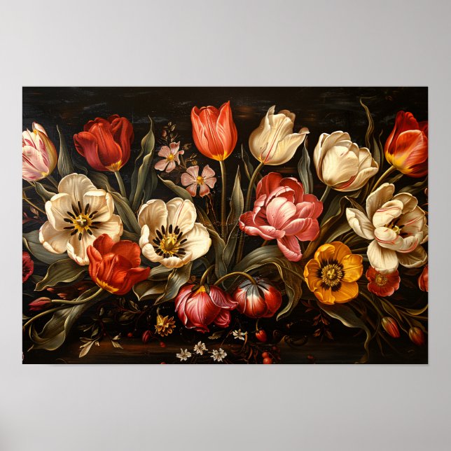 Farbige Tulips botanische Ölgemälde Poster (Vorne)