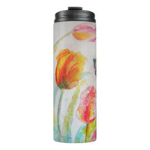 Farbige Tulpe und Schmetterling Wasserfarbe floral Thermosbecher