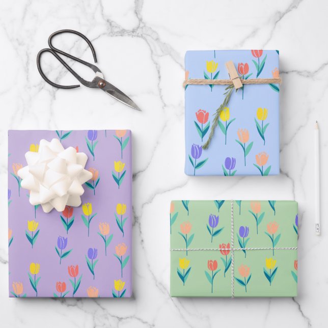 Farbige Tulpen Blumen-Design Geschenkpapier Set (Vorderseite)
