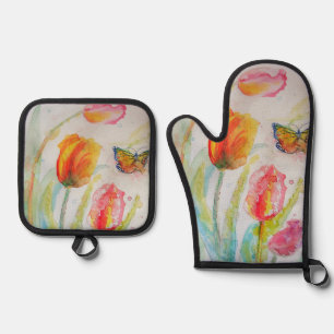 Farbige Tulpen- und Schmetterlings-Aquarellmalerei Ofenhandschuh & Topflappen-Set
