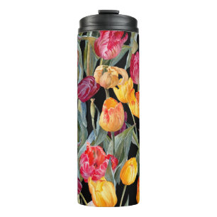 Farbige Tulpen, vor isoliertem schwarzen Hintergru Thermosbecher