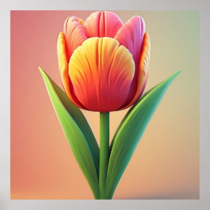 Farbige Tulpenblüte mit grünen Blättern Poster