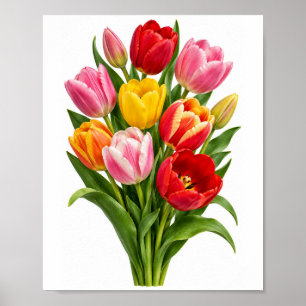 Farbige Tulpenstrauß Botanische Florale Kunst Druc Poster