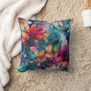 Farbige Türkis Orange Blau Lila Aquarell-Blume Kissen