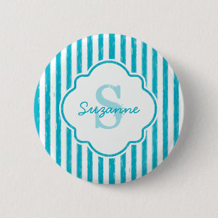 Farbige türkisfarbene Streifen Monogramm und Name Button