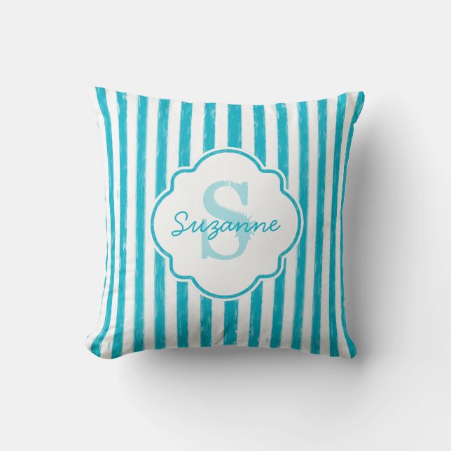 Farbige türkisfarbene Streifen Monogramm und Name Kissen (Vorderseite)