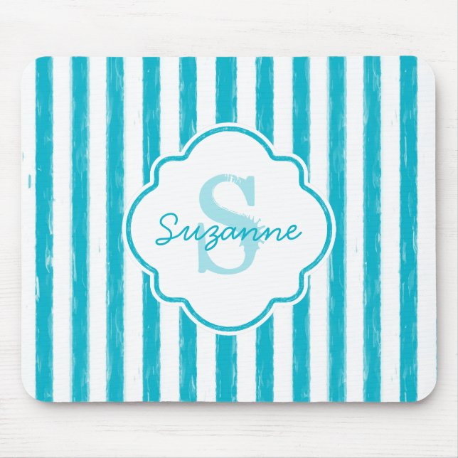 Farbige türkisfarbene Streifen Monogramm und Name Mousepad (Vorne)