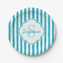 Farbige türkisfarbene Streifen Monogramm und Name